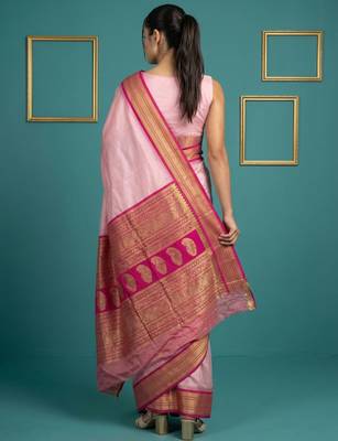 Baby pink border woven zari border & buti work silk blend fabric traditional festive style 2