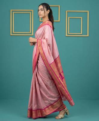 Baby pink border woven zari border & buti work silk blend fabric traditional festive style 3