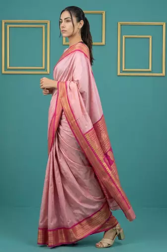 Baby pink border woven zari border & buti work silk blend fabric traditional festive style