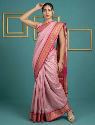 Baby pink border woven zari border & buti work silk blend fabric traditional festive style 4