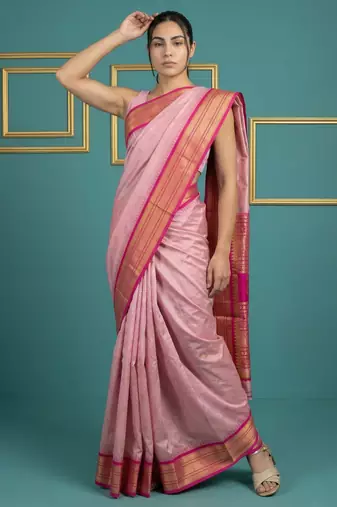Baby pink border woven zari border & buti work silk blend fabric traditional festive style