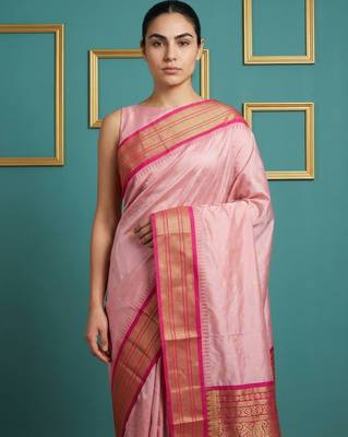 Baby pink border woven zari border & buti work silk blend fabric traditional festive style 5