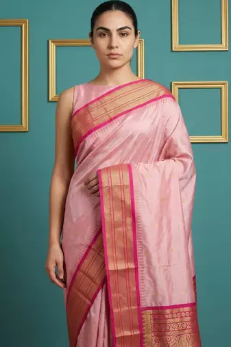 Baby pink border woven zari border & buti work silk blend fabric traditional festive style
