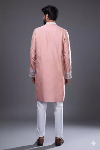 Peach embroidered, mirror silk kurta pant