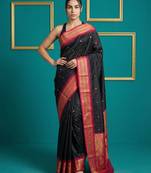 Black border woven zari border & buti work silk blend fabric traditional festive style