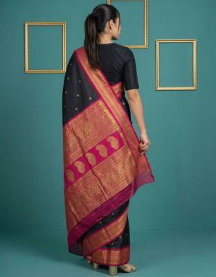 Black border woven zari border & buti work silk blend fabric traditional festive style 2