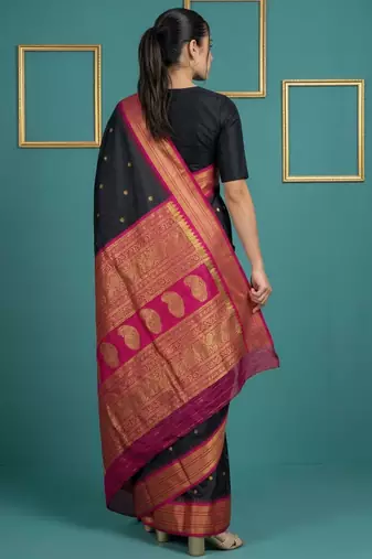 Black border woven zari border & buti work silk blend fabric traditional festive style
