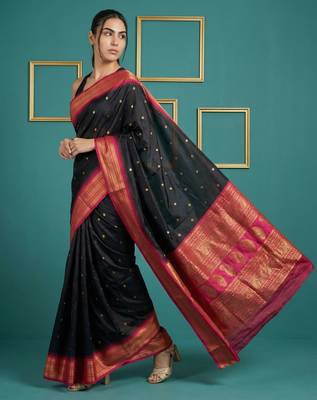 Black border woven zari border & buti work silk blend fabric traditional festive style 3