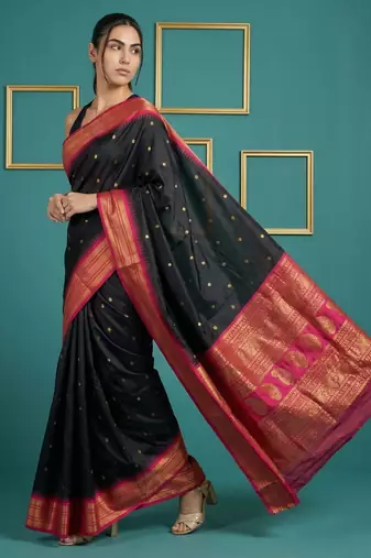 Black border woven zari border & buti work silk blend fabric traditional festive style