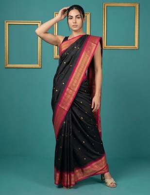 Black border woven zari border & buti work silk blend fabric traditional festive style 4
