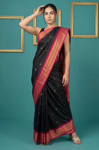 Black border woven zari border & buti work silk blend fabric traditional festive style
