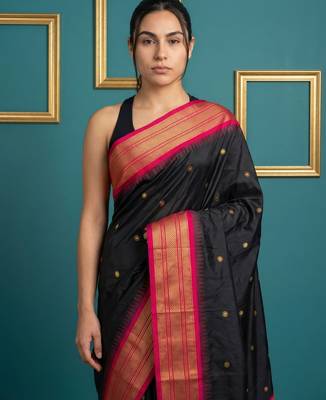 Black border woven zari border & buti work silk blend fabric traditional festive style 5