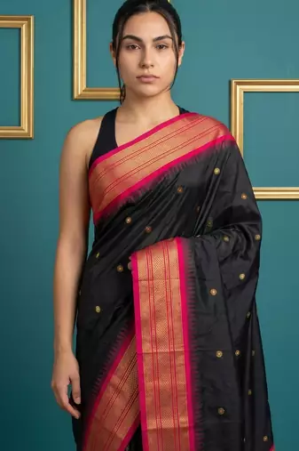 Black border woven zari border & buti work silk blend fabric traditional festive style