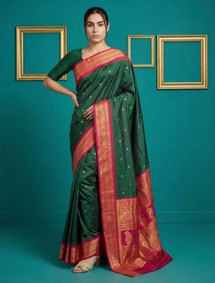 Green border woven zari border & buti work silk blend fabric traditional festive style 1
