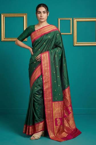 Green border woven zari border & buti work silk blend fabric traditional festive style