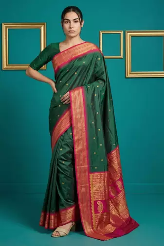 Green border woven zari border & buti work silk blend fabric traditional festive style