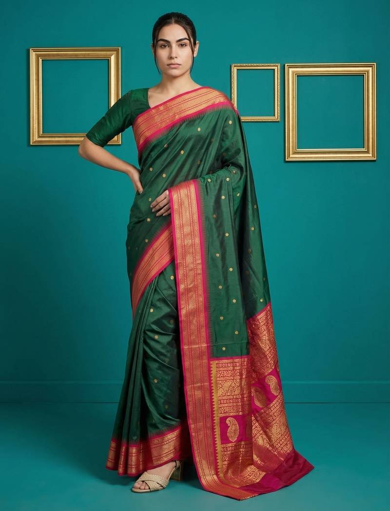 Green border woven zari border & buti work silk blend fabric traditional festive style