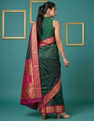 Green border woven zari border & buti work silk blend fabric traditional festive style 2