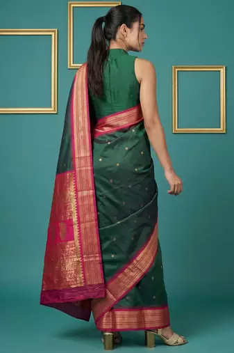 Green border woven zari border & buti work silk blend fabric traditional festive style