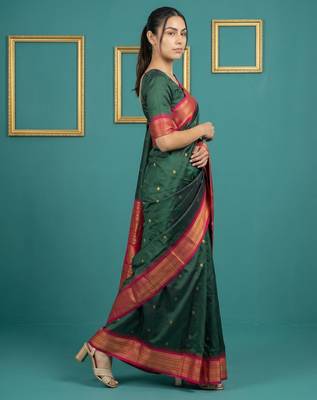 Green border woven zari border & buti work silk blend fabric traditional festive style 3