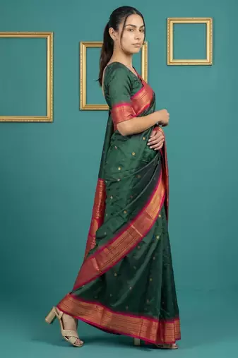 Green border woven zari border & buti work silk blend fabric traditional festive style
