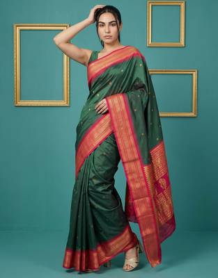 Green border woven zari border & buti work silk blend fabric traditional festive style 4