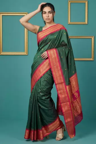 Green border woven zari border & buti work silk blend fabric traditional festive style