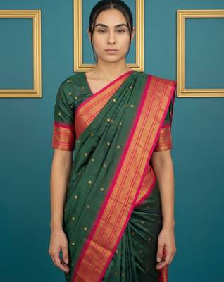 Green border woven zari border & buti work silk blend fabric traditional festive style 5