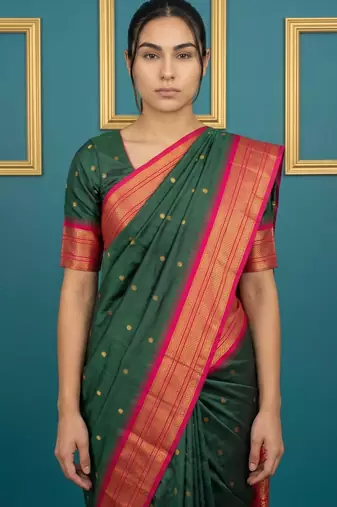 Green border woven zari border & buti work silk blend fabric traditional festive style