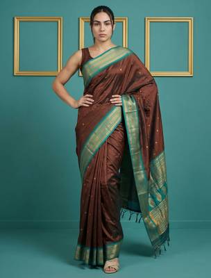 Chocolate border woven zari border & buti work silk blend fabric traditional festive style 1