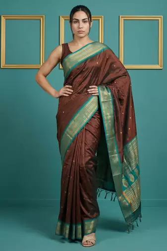 Chocolate border woven zari border & buti work silk blend fabric traditional festive style