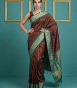 Chocolate border woven zari border & buti work silk blend fabric traditional festive style