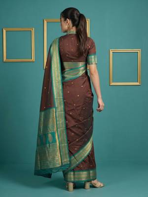 Chocolate border woven zari border & buti work silk blend fabric traditional festive style 2