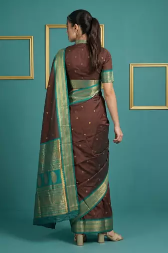 Chocolate border woven zari border & buti work silk blend fabric traditional festive style
