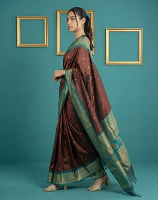 Chocolate border woven zari border & buti work silk blend fabric traditional festive style 3