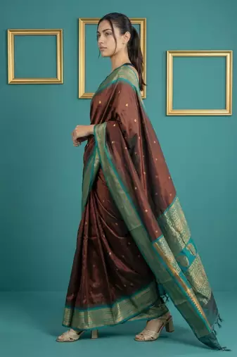 Chocolate border woven zari border & buti work silk blend fabric traditional festive style