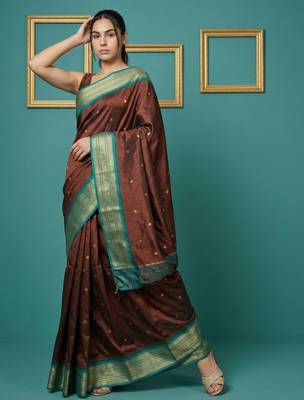 Chocolate border woven zari border & buti work silk blend fabric traditional festive style 4