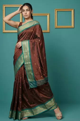 Chocolate border woven zari border & buti work silk blend fabric traditional festive style
