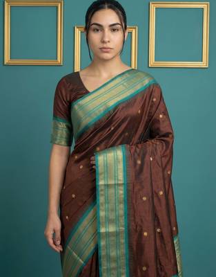 Chocolate border woven zari border & buti work silk blend fabric traditional festive style 5