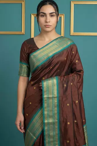 Chocolate border woven zari border & buti work silk blend fabric traditional festive style