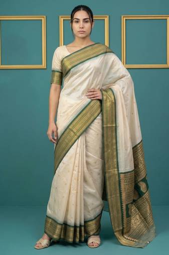 Off white border woven zari border & buti work silk blend fabric traditional festive style