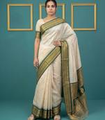 Off white border woven zari border & buti work silk blend fabric traditional festive style