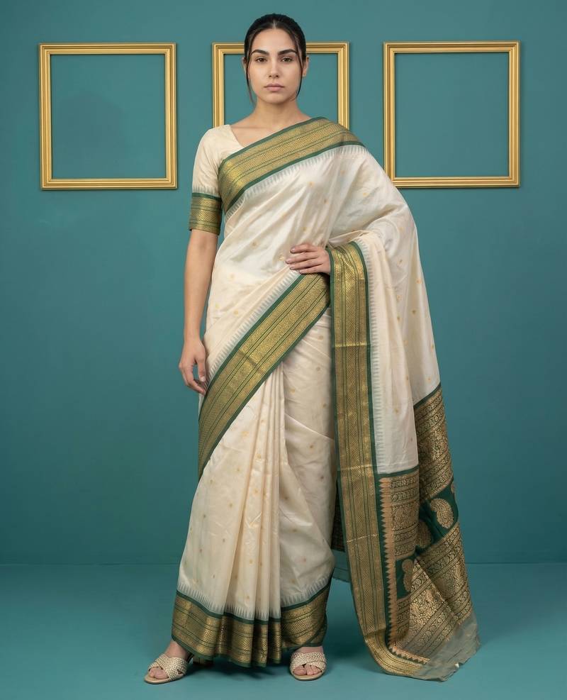 Off white border woven zari border & buti work silk blend fabric traditional festive style