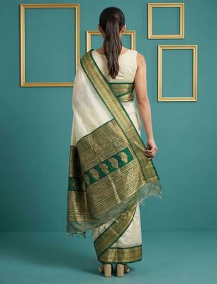 Off white border woven zari border & buti work silk blend fabric traditional festive style 2