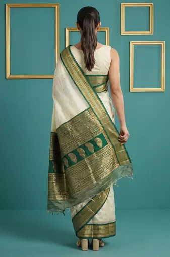 Off white border woven zari border & buti work silk blend fabric traditional festive style