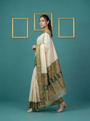 Off white border woven zari border & buti work silk blend fabric traditional festive style 3