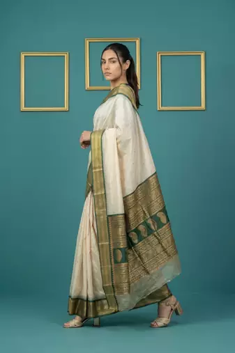 Off white border woven zari border & buti work silk blend fabric traditional festive style