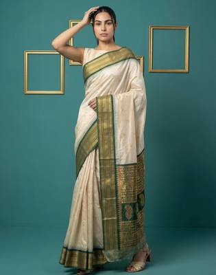 Off white border woven zari border & buti work silk blend fabric traditional festive style 4