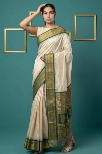 Off white border woven zari border & buti work silk blend fabric traditional festive style
