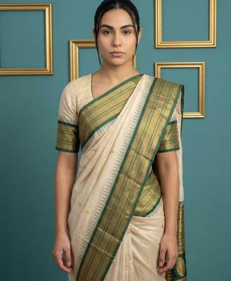Off white border woven zari border & buti work silk blend fabric traditional festive style 5